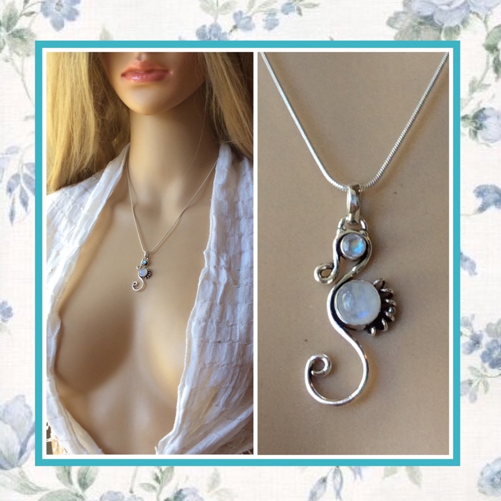 🌸 MOONSTONE 18" PENDANT NECKLACE SWIRL 925 BOHO CHIC REAL NATURAL GEM GEMSTONE